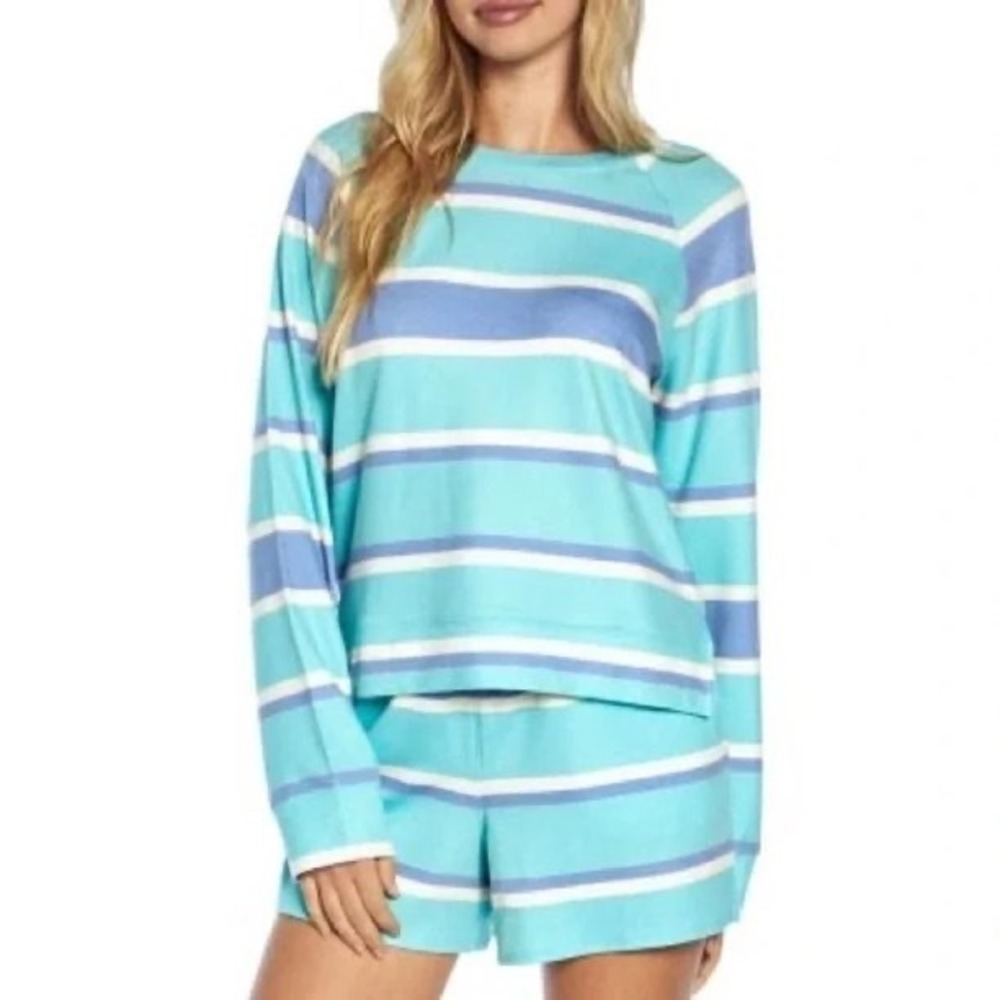 Wildfox Womens Striped‎ Sweatshirt and Shorts Lounge Set Teal Purple Size M